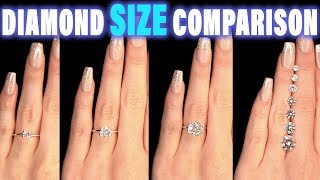 Diamond Size Comparison on Hand Finger Carat 1 2 3 4 05 ct 025 075 15 03 08 07 06 04 9 12 [upl. by Dnarb941]