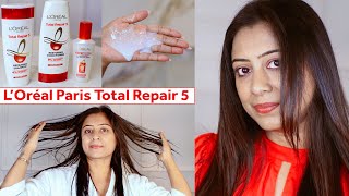 LOreal Paris Total Repair 5 Repairing Shampoo  Conditioner  Serum with Keratin XS Review amp Use [upl. by Nahgiem]