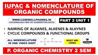 Nomenclature of Organic Compounds  IUPAC Nomenclature  Part 2 Unit 1  POC 1st Carewell Pharma [upl. by Esorbma]