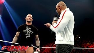 Batista returns and declares hes after Randy Ortons WWE World Heavyweight Title Raw Jan 20 201 [upl. by Oiredised]