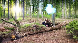 Building of a shelter inside a fallen tree with autonomous heating [upl. by Nerrak]