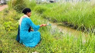 Fishing Video🎣  Skilled Girl fishing with a hook in the village canal  Best hook fishing [upl. by Rubbico]