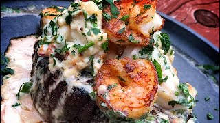 Steak w Lobster amp shrimp cream sauce [upl. by Meekahs]