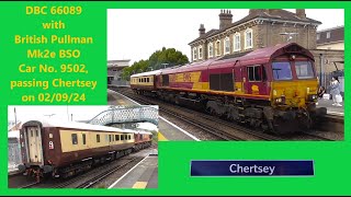 DBC 66089 with British Pullman Mk2e BSO Car No 9502 passing Chertsey on 020924 [upl. by Dej10]