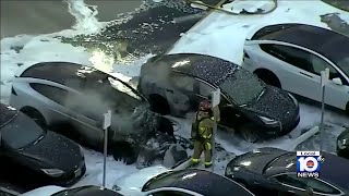 Tesla erupts in flames at Fort Lauderdale dealership [upl. by Aramoy701]