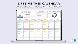 Lifetime Task Calendar  Monthly Calendar  To Do List  Google Sheets Template [upl. by Purse303]