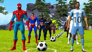 SpiderMan challenge of kicking the ball and hitting the target vs Ronaldo vs Messigame 5 superhero [upl. by Niven983]