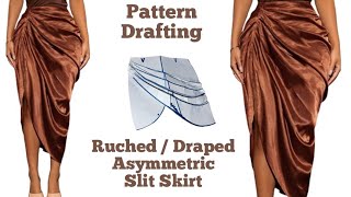 Draped Ruched Front Slit Asymmetric Hem Skirt  Diy Draped Skirt Pattern Drafting [upl. by Eidnil]