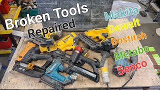 A load of broken power tools in for repair dewalts metabo makita senco and bostitch [upl. by Selij]