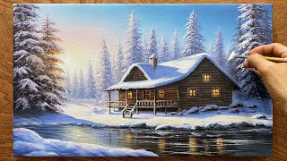 Draw a snowy winter landscape with a house and pine trees  Acrylic landscape painting  A Lu Art [upl. by Mikael]