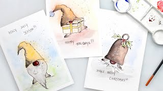 Holiday cards in watercolor for beginners  CHRISTMAS CARDS with GNOMES [upl. by Blodget]