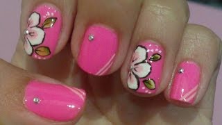 Unhas Decoradas Flor carga Dupla Rosa Manual Bela e Simples Nail Art [upl. by Ellierim476]