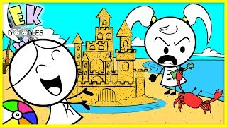 Kids Family Fun Day at the Beach building Sand Castles  EK doodles Animation [upl. by Alithia]