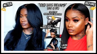 LEARN HOW TO REVAMP AN OLD WIG Dye BlueBlack Haircolor New Lace Wig Product Layer amp Curl Wig [upl. by Ahsele]