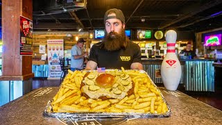 YOU WIN A HUGE TROPHY IF YOU FINISH THIS FOOD CHALLENGE IN A BOWLING ALLEY  BeardMeatsFood [upl. by Xella]