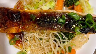 Broiled Salmon w Crispy Skin amp Rice Noodles Pancit amp Vegetables Quick amp Easy Tasty Foodie🥰😋 👍✅ [upl. by Haneehs707]