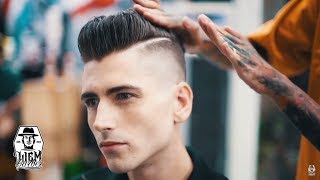 Skin Fade Pompadour with Two Razored Line  Liem Barber Shops Collection [upl. by Nottirb]