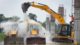 Washing with Atrocities JCB 145 Excavator and 2 JCB 3DX Owner vs Driver Fun in River [upl. by Chobot]