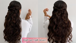 Curly half up half down hair tutorial hairstyle with braids [upl. by Ahseuqram97]