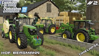 Baling amp transporting STRAW BALES with John Deeres  Hof Bergmann  Farming Simulator 22  Episode 2 [upl. by Esau]