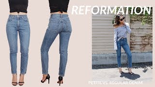 REFORMATION Regular vs Petite Denim Jeans Try On Haul  Review  JULIA SUH [upl. by Nefets]