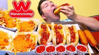 Chili Cheese Fries Cheesy Corn Dogs Chili Cheese Hot Dogs • MUKBANG [upl. by Colb484]